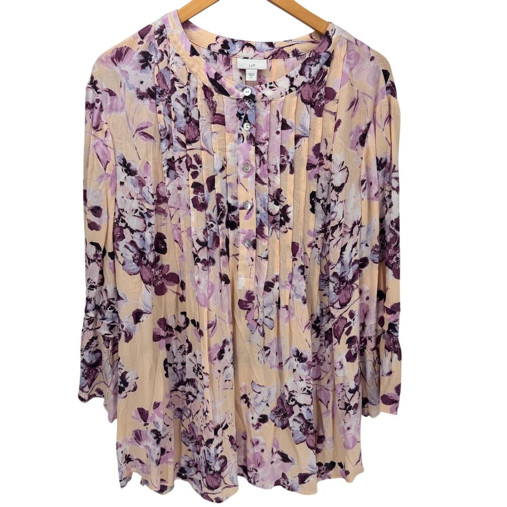 J Jill Blouse Womens XL Floral‎ Popover Pintucked Chiffon Rayon 3/4 Sleeve Tunic
